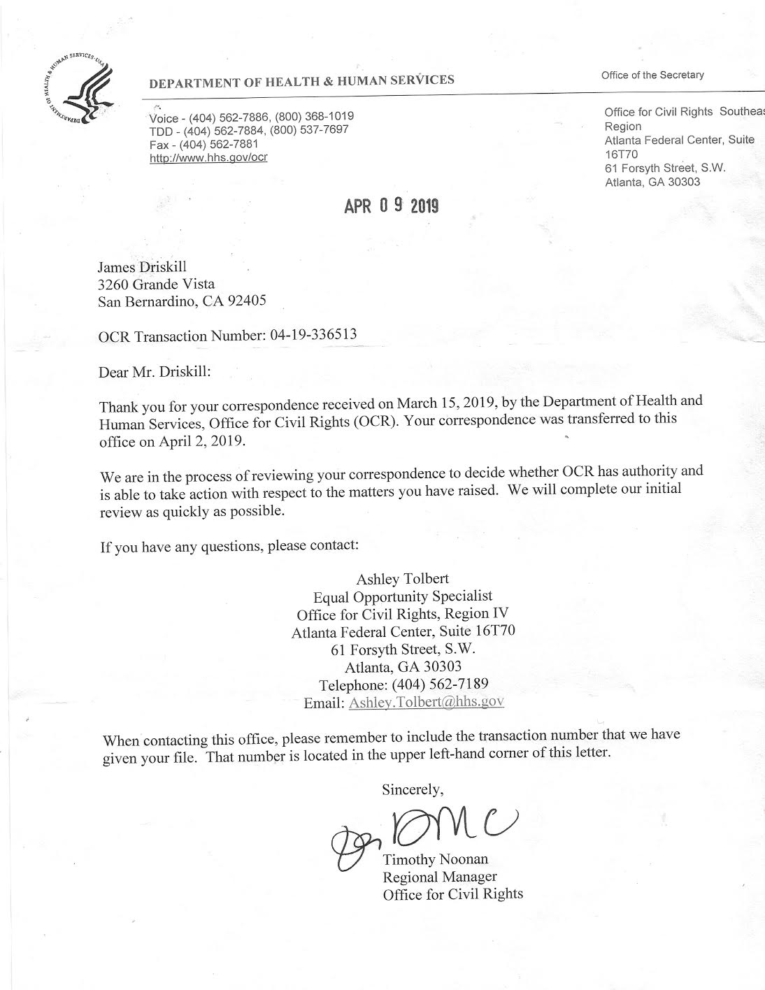 HHS - April 9 2019 - Confirmation of Discrimination Complaint - Signed Timothy Noonan .jpg